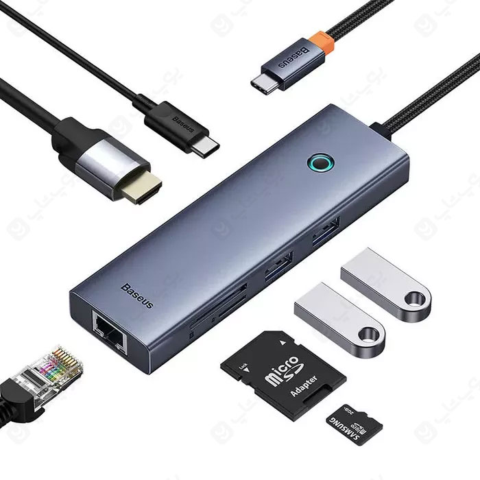هاب 7 پورت Type-C به USB3.0 ،LAN ،Type-C ،SD ،TF و HDMI بیسوس مدل B00052805813 دارای 7 پورت با کارایی بالا می باشد.