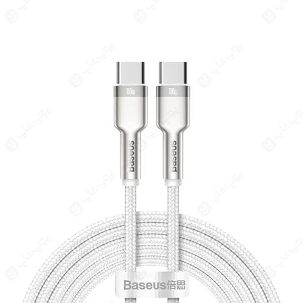 کابل شارژ 100 وات تایپ C به تایپ C بیسوس مدل CATJK-C02 به طول 1 متر در رنگ بندی سفید است.