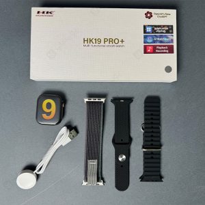 ساعت هوشمند مدل +HK19 Pro نسخه CHat GPT دارای 3 عدد بند و شارژر مگنتی است.