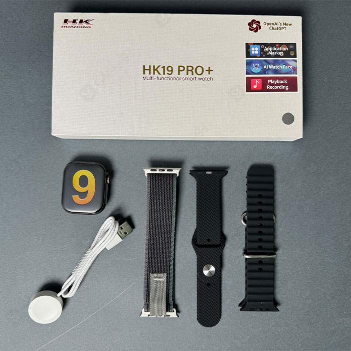 ساعت هوشمند مدل +HK19 Pro نسخه CHat GPT دارای 3 عدد بند و شارژر مگنتی است.