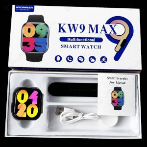 ساعت هوشمند تلزیل مدل KW9 MAX با دفترچه راهنما و شارژر مگنتی است.