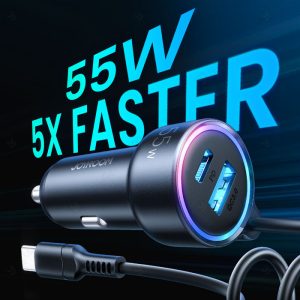 شارژر فندکی 60 وات جویروم مدل JR-CL07 دارای قابلیت شارژ سریع است.