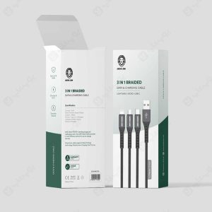 کابل USB به تایپ C، لایتنینگ و میکرو USB گرین لاین مدل GN3IN1BCC به طول 1.2 متر با رویه بافته شده و عمر بالا است.
