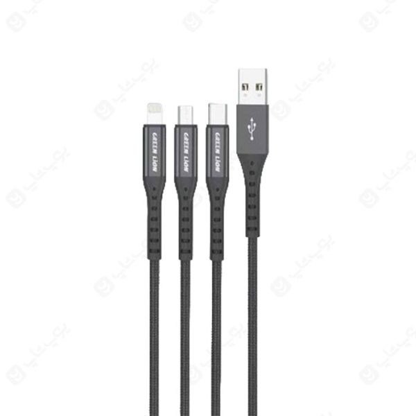 کابل USB به تایپ C، لایتنینگ و میکرو USB گرین لاین مدل GN3IN1BCC به طول 1.2 متر با قابلیت انتقال داده تا شدت جریان 2.4 آمپر می باشد.