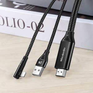 کابل تبدیل لایتینینگ به HDMI مک دودو مدل CA-640 به طول 2 متر دارای خم 90 درجه است.