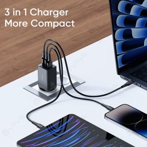 شارژر دیواری 67 وات مک دودو مدل CH-154 با کابل تایپ C به تایپ C قابل استفاده برای شارژ 3 دستگاه همزمان می باشد.