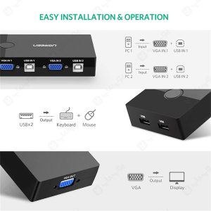 کی وی ام سوئیچ 2 پورت VGA همراه کابل یوگرین مدل 30357 با قابلیت نصب بدون درایور می باشد.