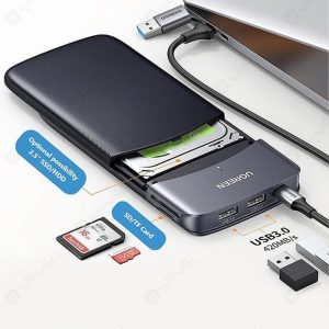 باکس هارد 2.5 اینچ USB-C 3.1 همراه درگاه کارت حافظه و هاب یوگرین مدل 60620 CM529 دارای ورودی کارت حافظه است.