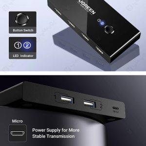 هاب سوئیچ 2 در 4 پورت USB 2.0 دستی یوگرین مدل 30767 US216 با پورت تامین انرژی میکرو USB می باشد.