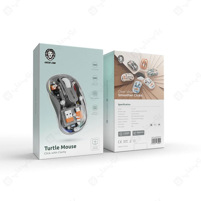 موس شفاف گرین لاین مدل TURTLE MOUSE GL-MS2 دارای اتصال با دانگل می باشد.