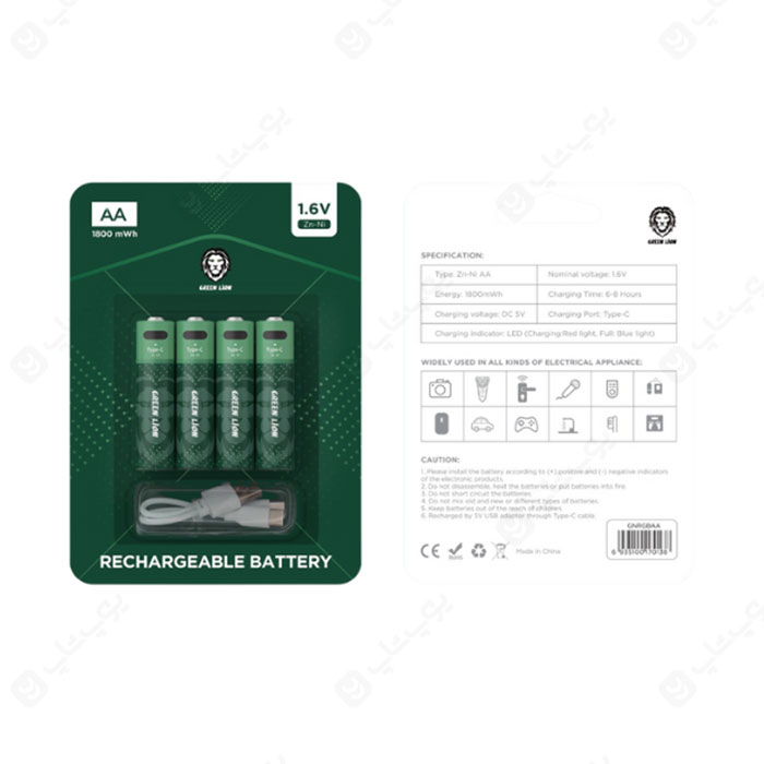 باتری قلمی AA قابل شارژ گرین لاین مدل GNRGBAA بسته 4 عددی و دارای نشانگر LED می باشد.
