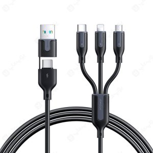کابل شارژ تایپ C و USB به تایپ C، لایتنینگ و میکرو جویروم مدل A15 به طول 1.2 متر در رنگ بندی مشکی است.