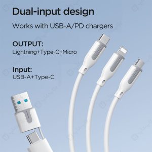 کابل شارژ تایپ C و USB به تایپ C، لایتنینگ و میکرو جویروم مدل A15 به طول 1.2 متر دارای 2 نوع رابط ورودی است.