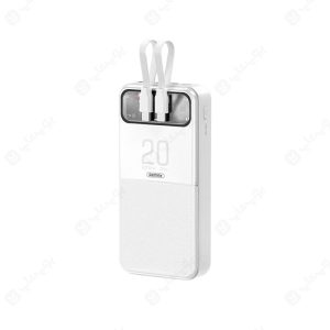 پاوربانک 20000mAh ریمکس مدل RPP-620 به همراه کابل تایپ C و لایتنینگ در رنگ بندی سفید است.