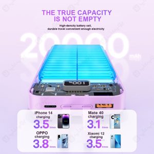 پاوربانک 20000mAh ریمکس مدل RPP-620 به همراه کابل تایپ C و لایتنینگ با باتری لیتیوم پلیمری است.