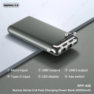 پاوربانک 20000mAh ریمکس مدل RPP-626 دارای 2 پورت ورودی و 2 پورت خروجی است.
