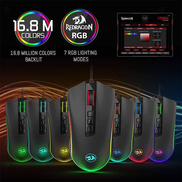 موس سیمی گیمینگ ردراگون مدل COBRA M711-FPS-1 دارای نور پردازی RGB می باشد.