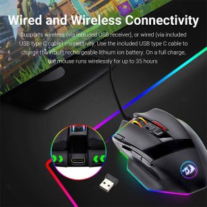 موس گیمینگ بی سیم RGB ردراگون مدل Sniper Pro M801P با دو حالت اتصال سیمی و بی سیم می باشد.