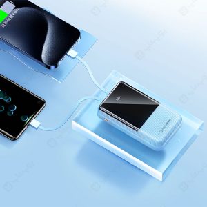 پاوربانک 20000mAh ریمکس مدل RPP-581 با کابل تایپ C و لایتنینگ دارای 2 کابل خروجی است.