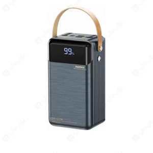 پاوربانک 60000mAh ریمکس مدل RPP-565 به همراه کابل تایپ C و لایتنینگ در رنگ بندی خاکستری است.