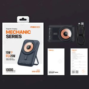 پاوربانک مگنتی 10000 میلی آمپر Recci مدل RPB-W08 از متریال با کیفیت ساخته شده است.