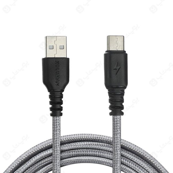 کابل شارژ USB به تایپ C کلومن مدل KD-01 به طول 1 متر و رویه بافته شده خاکستری است.