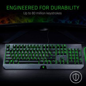 کیبورد سیمی گیمینگ مکانیکال ریزر مدل BlackWidow Essential دارای کلید ها با عمر مفید 80 میلیون کلیک می باشد.