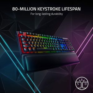 کیبورد بی سیم گیمینگ مکانیکال ریزر مدل BlackWidow V3 Pro با کلید های دارای عمر مفید 80 میلیون کلیک می باشد.
