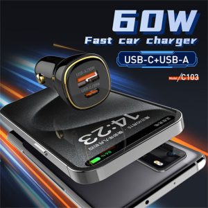شارژر فندکی 60 وات الدینیو مدل C103 با توان خروجی 60 وات می باشد.