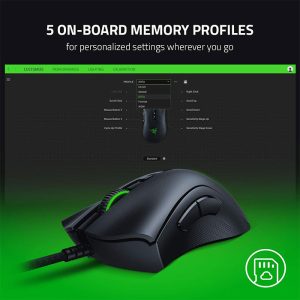 موس گیمینگ سیمی ریزر مدل DEATHADDER V2 دارای حالت ذخیره 5 پروفایل می باشد.