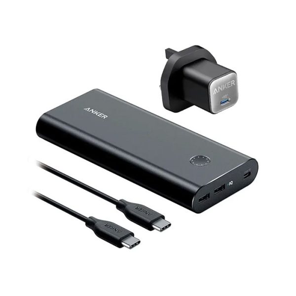 پاوربانک 26800mAh انکر مدل B1376 + شارژر دیواری 30W مدل Nano II در رنگ بندی مشکی است.