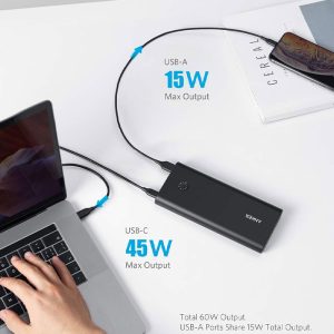 پاوربانک 26800mAh انکر مدل B1376 + شارژر دیواری 30W مدل Nano II با توان خروجی حداکثر 45 وات می باشد.