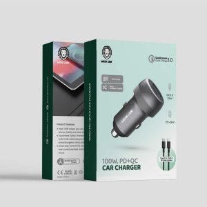 شارژر فندکی گرین لاین مدل 100W PD + QC GL-317 با کابل تایپ C به تایپ C در بسته بندی مناسب قرار دارد.