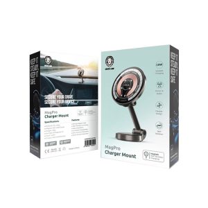 پایه نگهدارنده و شارژر بی سیم گرین لاین مدل MagPro GNMAGPCHMT در بسته بندی مناسب قرار دارد.
