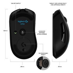 موس بی سیم گیمینگ لاجیتک مدل G703 با امکان تنظیم وزن می باشد.