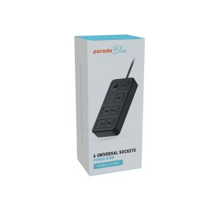 چند راهی برق و شارژر پرودو مدل 6Universal Sockets در بسته بندی مناسب قرار دارد.