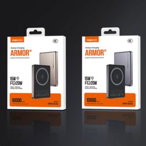پاوربانک 10000mAh مگنتی رسی مدل Armor RPB-W26 در بسته بندی مناسب قرار دارد.