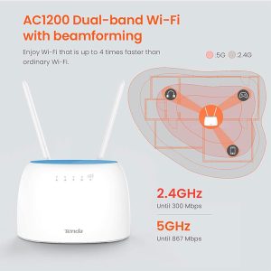 مودم روتر 4G+ LTE بی سیم دوبانده AC1200 تندا مدل 4G09 دارای 2 باند بی سیم می باشد.