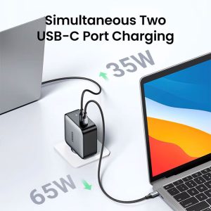 شارژر دیواری 100 وات GaN یوگرین مدل CD254 50327 Nexode قابل استفاده برای دو دستگاه همزمان است.