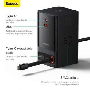 شارژر رومیزی 65W باسئوس مدل PSLR000001 با کابل تایپ C دارای پورت های خروجی متنوع می باشد.