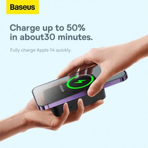 پاوربانک 20000mAh مگنتی بیسوس مدل PPCX150001 دارای قابلیت شارژ مگنتی است.