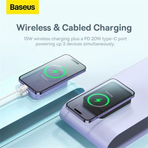 پاوربانک 20000mAh مگنتی بیسوس مدل PPCX150001 با امکان شارژ دو دیوایس همزمان می باشد.