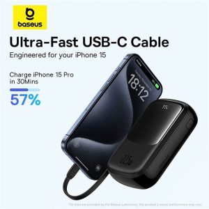 پاوربانک 20000mAh بیسوس مدل +Qpow Pro با کابل تایپ C دارای قابلیت شارژ سریع است.