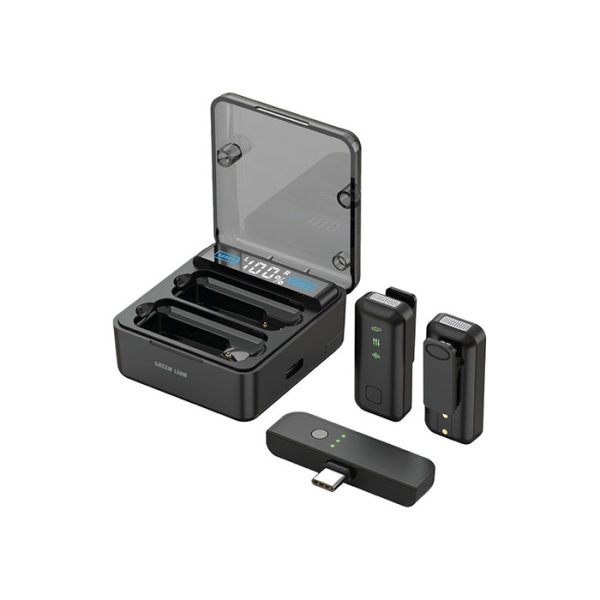 میکروفن دوتایی گرین لاین مدل 2in1 Microphone GN2N1MCTYC با رابط تایپ C با درب شیشه ای و نمایشگر دیجیتال است.