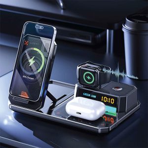 شارژر بی سیم، اسپیکر و هولدر 6 کاره گوشی گرین لاین مدل 6IN1 Multifunctional دارای اسپیکر بلوتوثی است.