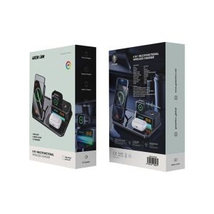 شارژر بی سیم، اسپیکر و هولدر 6 کاره گوشی گرین لاین مدل 6IN1 Multifunctional در بسته بندی مناسب قرار دارد.