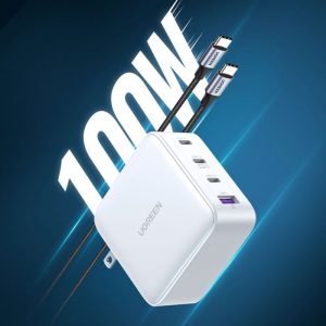 شارژر دیواری 100 وات GaN یوگرین مدل CD226 15336 Nexode دارای دو پورت خروجی 100 وات است.