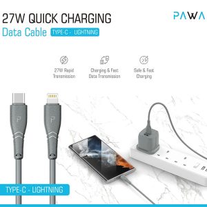کابل شارژر تایپ C به لایتنینگ 27W پاوا مدل PW-12PVC27CL به طول 1.2 متر با پشتیبانی از توان 27 وات، دستگاه‌های شما در کوتاه‌ترین زمان ممکن شارژ خواهند شد.