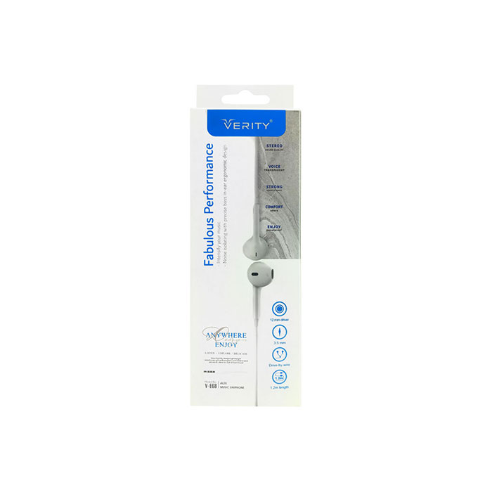 هندزفری سیمی VERITY مدل V-e68 کابل بادوام و مقاوم در برابر کشش و گرهخوردگی.