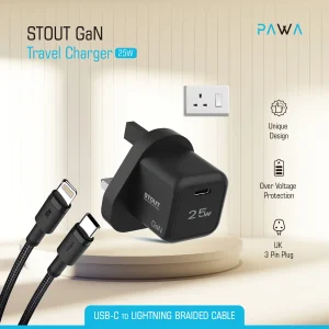 شارژر دیواری 25 وات 3 پین پاوا مدل PW-GN25UKTL با کابل تایپ C به لایتنینگ